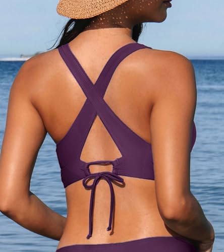 CUPSHE Women's Bikini Top V Neck Triangle Top Wide Straps Cross Back Lace up