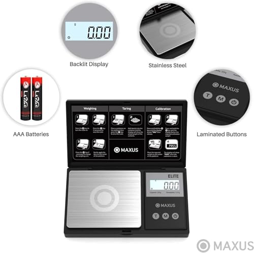 MAXUS Digital Pocket Gram Scale 500g x 0.01g High Precision with Tray, Weighs Small Food, Jewelry, Ounces, Grains, LCD Dis...