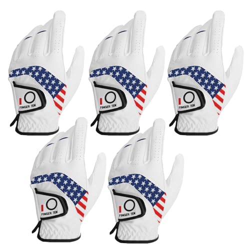 FINGER TEN Golf Gloves Men Value 5 Pack for Left Right Hand, Comfortable Soft & All Weather Grip Mens Golf Glove, Sizes S ...