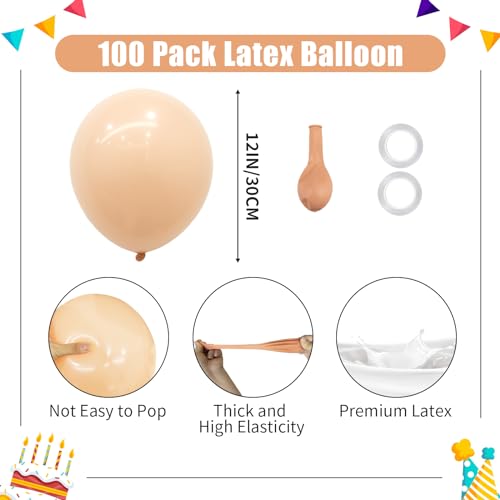 PatiCool Nude Balloons - 12 inch 100pcs Latex - Round Neutral Boho Birthday with 2 Ribbons, Helium Apricot Balloons for Bi...