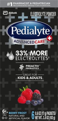 Pedialyte AdvancedCare Plus Electrolyte Powder, Has 33% More Electrolytes and PreActiv Prebiotics, Berry Frost, 6 Powder P...
