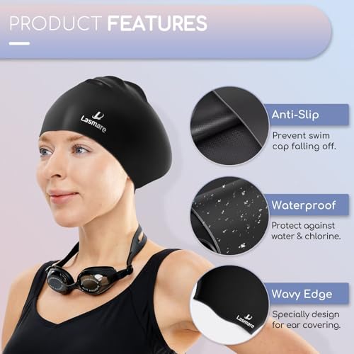 Long Hair Swim Cap for Women 2 Pack, Silicone Swimming Caps for Unisex Adult Women Men with Ear Plugs & Nose Clip Set, Wat...