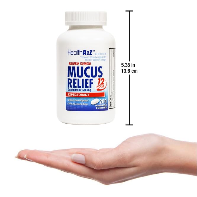 HealthA2Z® Mucus Relief | Guaifenesin 1200 mg |12 Hour | Expectorant | Relieves Chest Congestion | Thins and Loosens Mucus (200 Tablets)