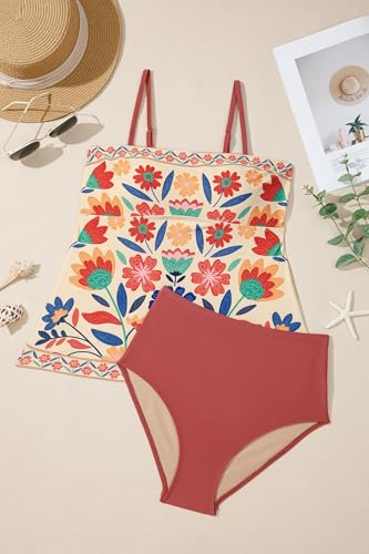 Dokotoo Women's Boho Floral Tankini Set Tummy Control Two Piece Swimsuits Flowy Vintage Beachwear