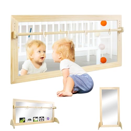 LAKNUAL Montessori Mirror with Bar, Adjustable Wood Baby Pull Up Bar, Floor & Wall Shatterproof Safety Infant Coordination...