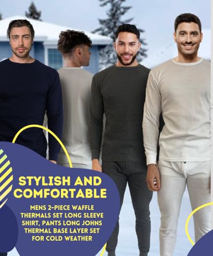 BROOKLYN VERTICAL Mens 2-Piece Waffle Thermals Set | Long Sleeve Shirt, Pants | Thermal Base Layer Set for Cold Weather