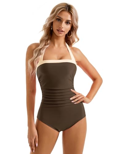 SUUKSESS Women Sexy Tummy Control One Piece Swimsuit Halter Retro Bathing Suit
