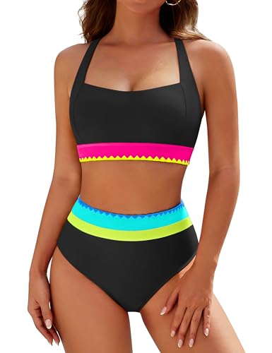 Blooming Jelly Womens High Waisted Bikini Sets Tummy Control Two Piece Bathing Suit Sporty Neon Color Block Swimsuits