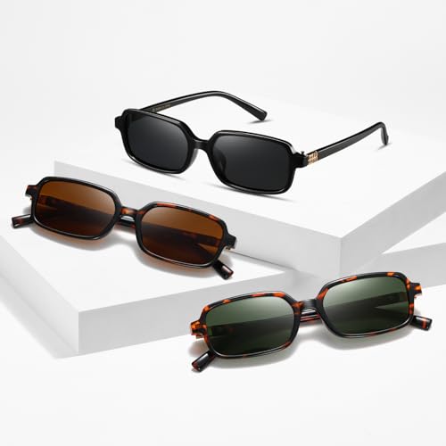 MASDUN Polarized Narrow Rectangle Sunglasses for Women Men Trendy Y2k Retro 90s Sun Glasses (3 Pack)