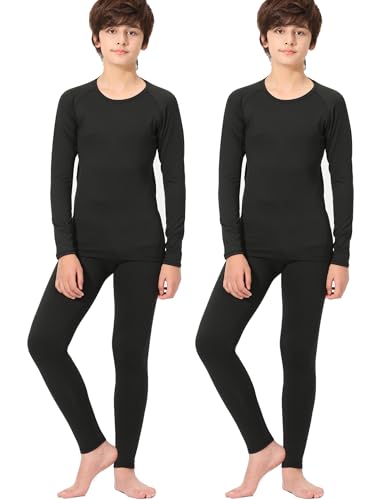 Rolimaka 2 Set Youth Boys' Thermal Underwear Set Fleece Lined Compression Shirt Leggings Pants Kids Base Layer Cold Weather