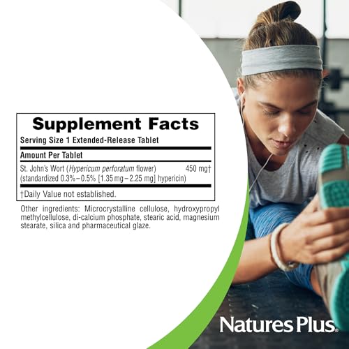 NaturesPlus Herbal Actives St John's Wort, Extended Release - 60 Tablets - Non-GMO, Vegetarian, Gluten Free - 60 Servings
