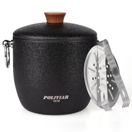 POLIVIAR Ice Bucket, 2.5L Double Wall Ice Bucket with Lid, Stainless Steel Ice Bucket with Tong & Strainer, Ice Bucket for...