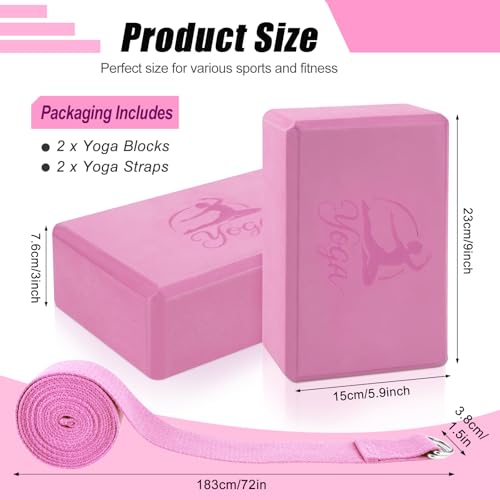 RETON Yoga Blocks Set, High - Density Yoga Block with 2 Strap, Lightweight Foam Brick Yoga Pilates Blocks, Anti-Slip Yoga ...