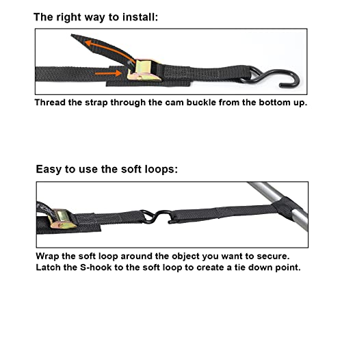 Ayaport Cam Buckle Tie Down Straps 6 feet 2200lbs Break Strength Securing Straps with S Hooks for Motorcycle, Kayak, Car, ...