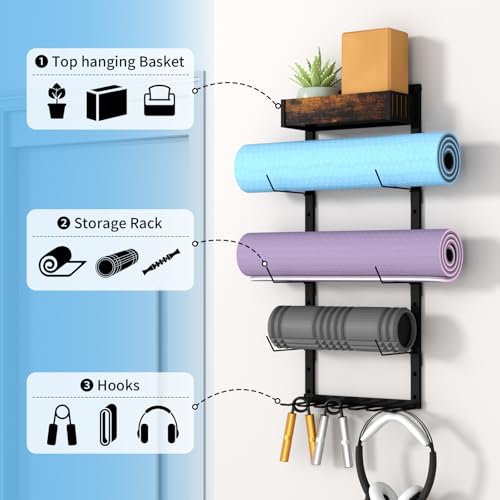 Yoga Mat Holder Wall Mount - Tool-Free Adjustable Yoga Mat Rack Shelf with 6 Rods & Basket, All-in-One Foam Roller Holder ...