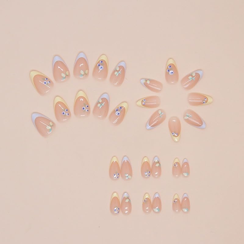 MRSCOL Press on Nails-Mango Blueberry French,Press on Nails Almond,Press on Nails Short Reusable 30pcs Nail Kit with Glue