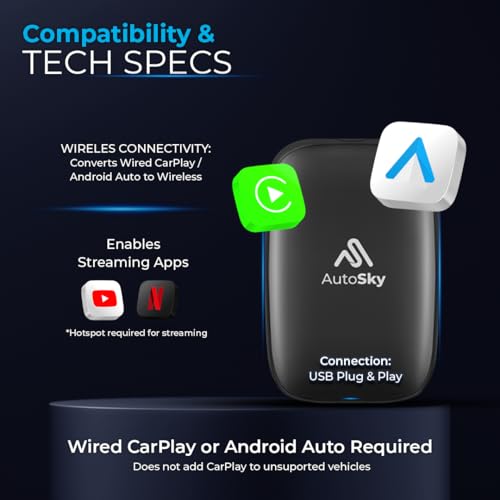 AutoSky AI Box Lite – Wireless CarPlay & Android Auto Adapter, Plug-and-Play, Fast Connection, Stable Performance, Stream ...