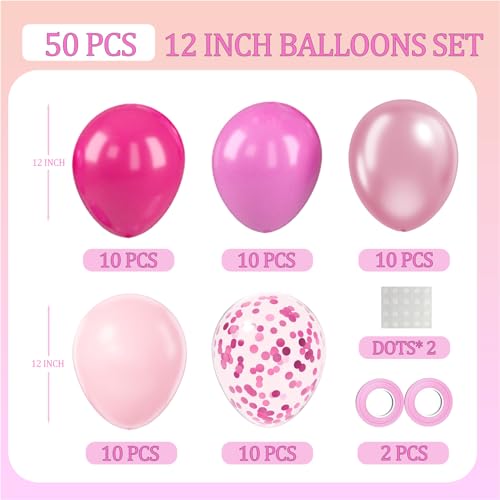 50PCS Metallic Pink Balloons Birthday Decorations, 12inch Hot Pink Latex Balloon, Supplies Perfect for Birthday Party, Fri...