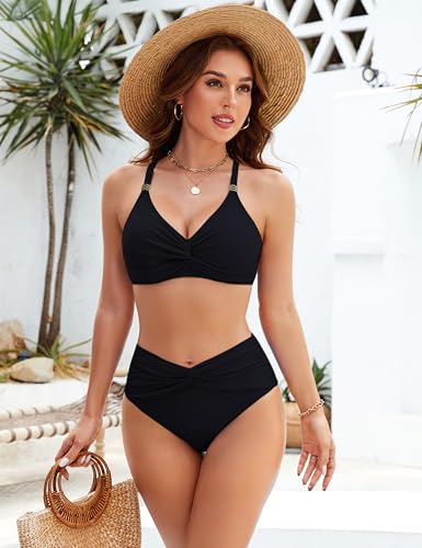 Blooming Jelly Women's High Waisted Bikini Sets Matel Tummy Control Swimsuits V Neck Twist Front Bathing Suit