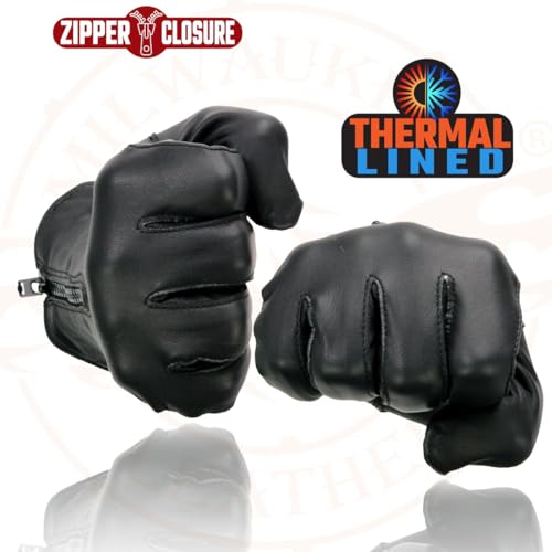 Milwaukee Leather SH226TH Men's Black Thermal Lined Leather Motorcycle Hand Gloves W/Wrist Zipper Closure