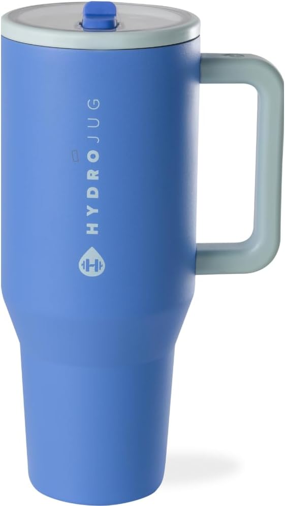 HydroJug Traveler - 40 oz Water Bottle with Handle & Flip Straw - Fits in Cup Holder, Leak Resistant Tumbler-Reusable Insulated Stainless Steel & Rubber Base - Gifts for Women & Men, Riptide