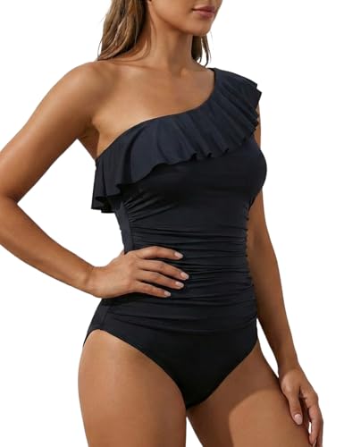 Hilor Women's One Piece Swimsuit One Shoulder Ruffle Tummy Control Bathing Suit Modest Slimming Swimwear Flattering Monokini