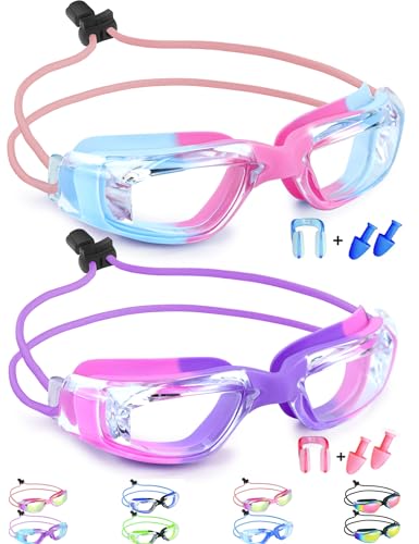 Vvinca Goggles for Kids 6-14 with Bungee Strap 2pc, Toddler Kids Swim Goggles for Swimming 8-12 No Hair Pulling for Boys Girl