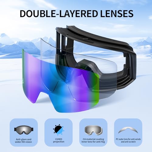 YLKJSWIM Ski Goggles for Men Women, OTG Snow Goggles, UV Protection Snowboard Goggles for Adult & Youth, Snowmobile, Sledding