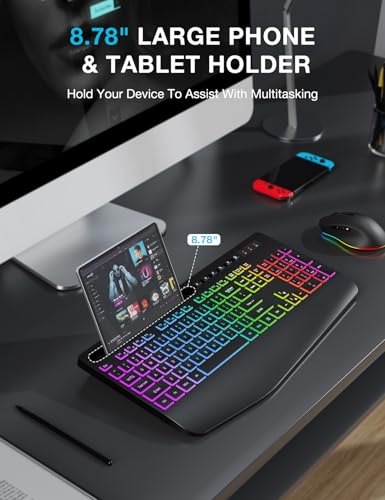 Wireless Keyboard and Mouse Combo - 9 Backlit Effects, RGB, Ergonomic Wrist Rest, Phone Holder, 2.4G Full Size, Rechargeab...