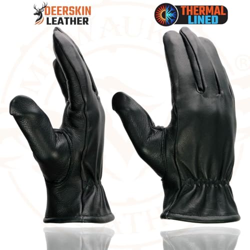 Milwaukee Leather SH858 Men's Thermal Lined USA Deerskin Black Leather Motorcycle Gloves w/Cinch Wrist Closure
