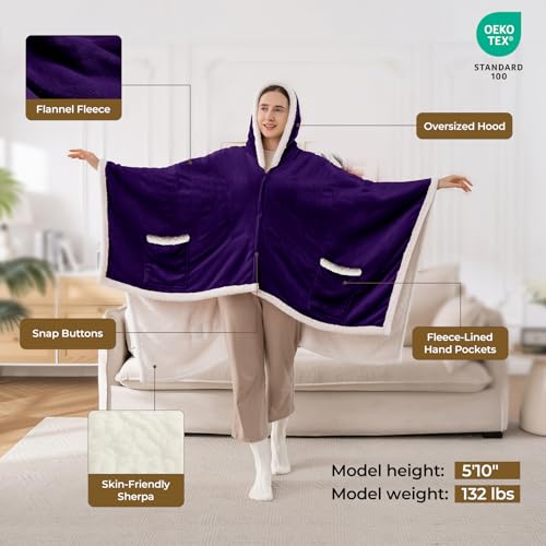 Kozyus Wearable Heated Throw Blanket, Heated Shawl Electric Wrap Poncho with Hood & Pockets for Women & Men, 5 Heat Settin...