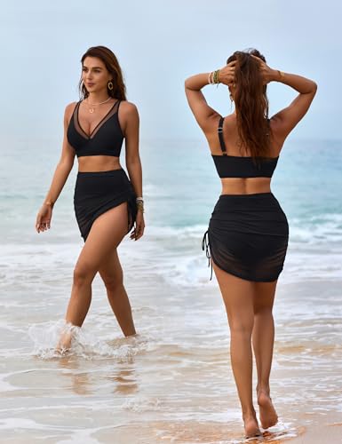 Blooming Jelly Womens Swim Skirt High Waisted Bikini Sets Tummy Control Swimsuits Mesh Sarong Wraps Bathing Suits