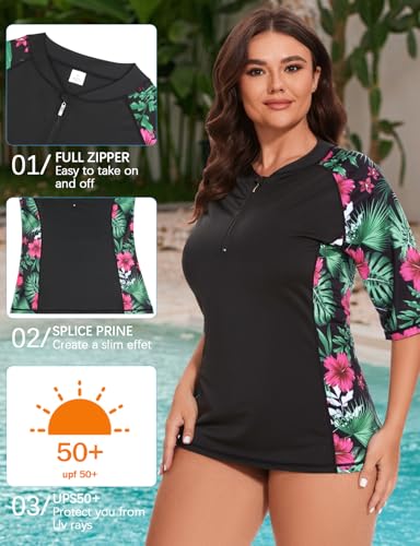 LURANEE Women Plus Sun Swim Shirt Swimwear Loose Fit Short Sleeve UPF 50+ Sun Protection Zip Rash Guard