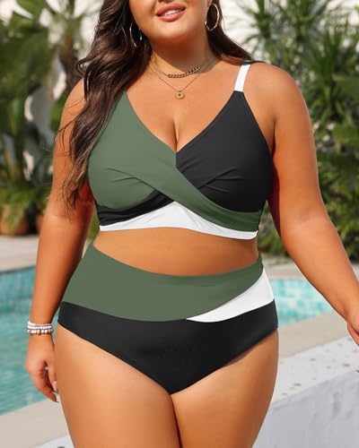 Plus Size Two Piece Swimsuit - Women High Waisted Bikini Set Tummy Control Bathing Suits