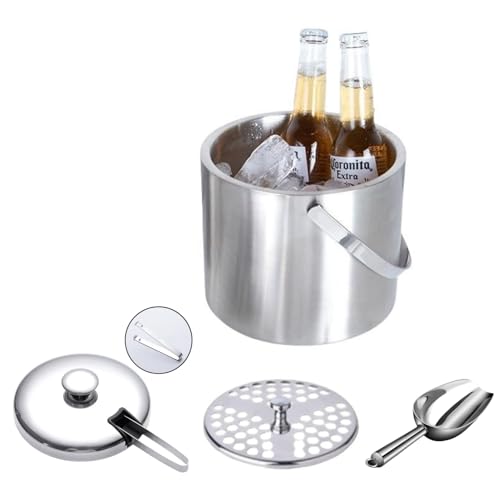 Insulated Ice Bucket with Lid and Scoop & Tong, Double Wall 304 Stainless Steel Ice Bucket for Freezer, Built-in Strainer ...