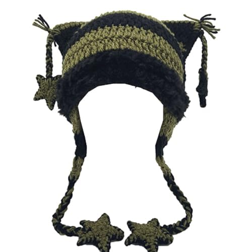 Cat Beanie Beanies Y2k Beanie Knit Hat Grunge Goth y2k Accessories Crochet Hats for Women (Black Green-A)