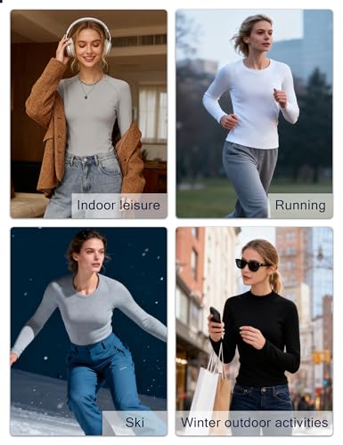 RIKUAOU Long Sleeve Thermal Shirts for Women, Fleece-Lined Undershirts Base Layer Tops for Running Workout Cold Weather