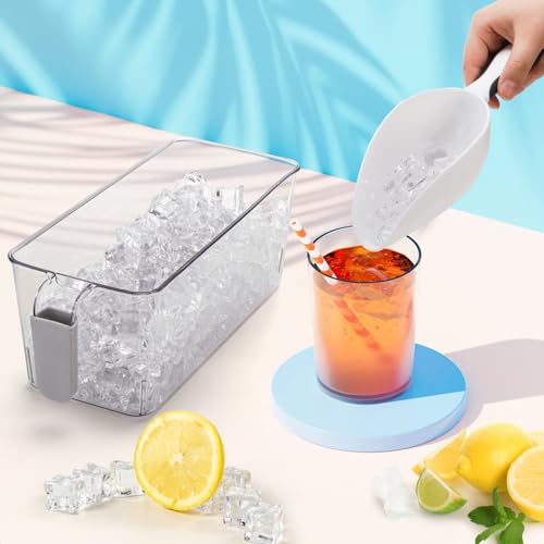 Pumtus 4 Pack Clear Ice Bins for Freezer, Plastic Ice Bucket with Flexible Scoop & Ice Tong, Pull Out Handle Ice Containe...