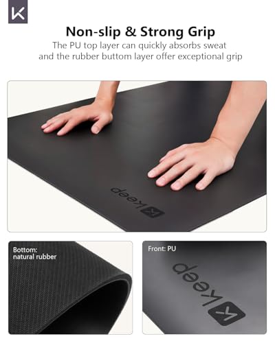 KEEP Rubber Yoga Mat - Professional Sweat Absorbent PU & Natural Rubber. Non Slip Workout Mats for Women & Men, 5mm Thick,...