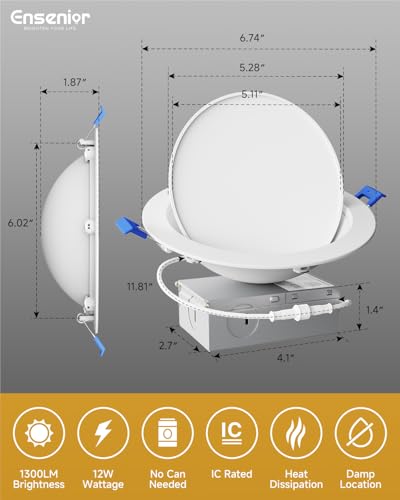 Ensenior 6 Pack 6 inch 5CCT LED Eyeball Recessed Lighting, 360°+90° Rotatable, Dimmable Gimbal Recessed Lights, Canless An...