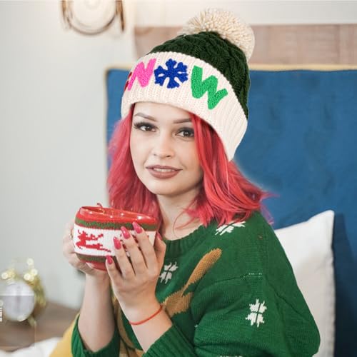 LILLBJORNEN Christmas Merry Beanie for Women Winter Crochet Hat Chunky Cable Knit Pompom Santa Hat