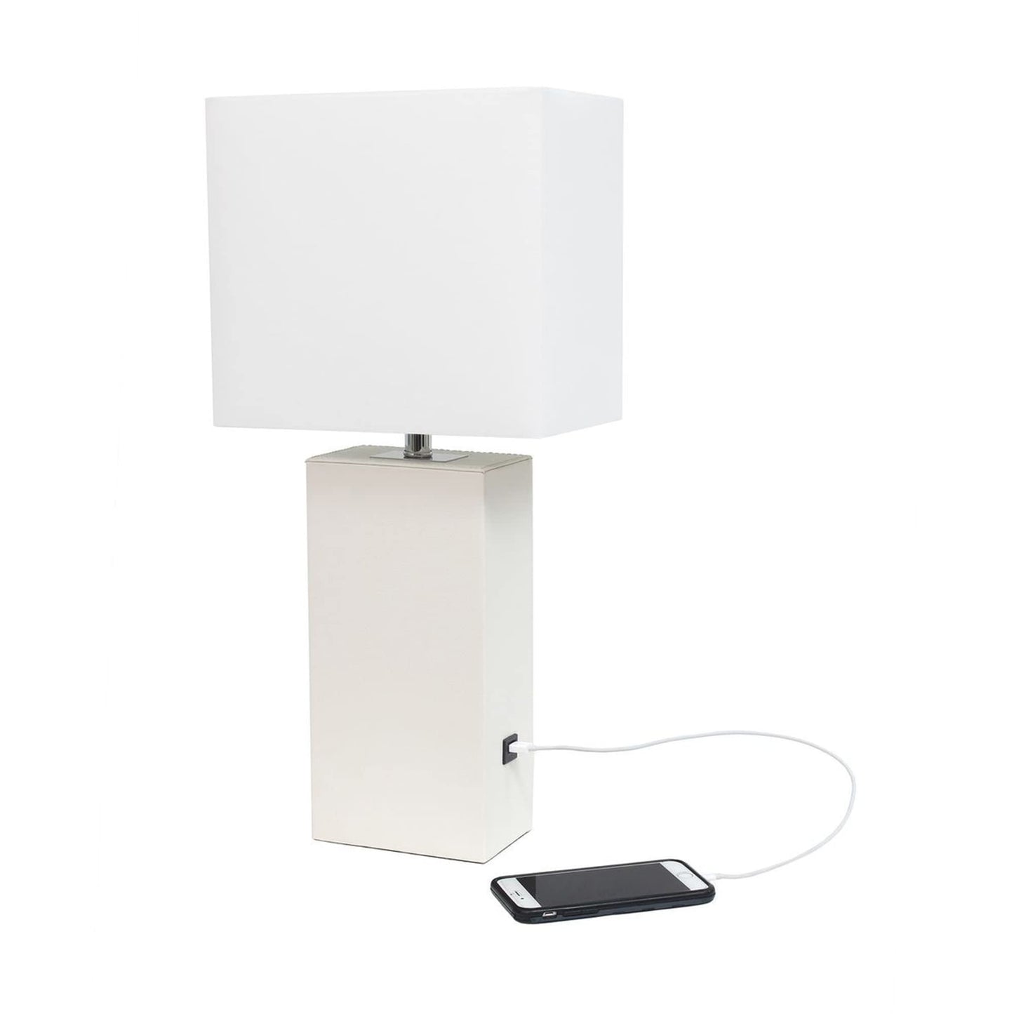 LALIA HOME Bedside Table Lamp with USB Charging Port, 21in, White, Leather Base, Model LHT-3012