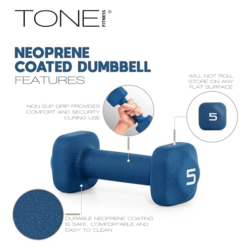 Tone Fitness Neoprene Dumbbell Set with Storage Rack – Non-Slip, Anti-Roll Hand Weights for Home Gym Workouts | 20 lb, 32 ...