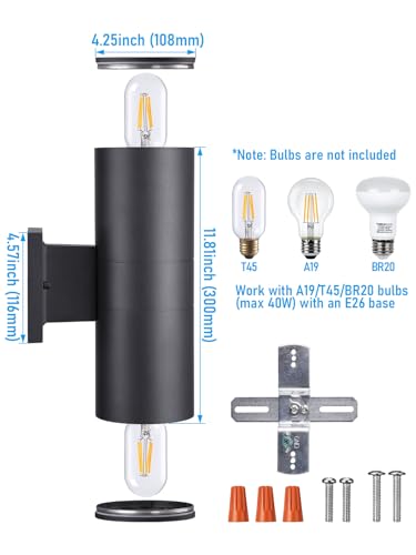 LEONLITE Modern Outdoor Cylinder Wall Lights 12", Porch Light in 2 Lights, Up Down Lights, Matte Black Waterproof Wall Sco...