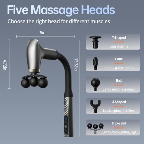 GrekoGadgetra Massage Gun with Extension Handle & 3-Ball Head for Deep Tissue, Back Muscle Massager with Multi Head, Hand ...