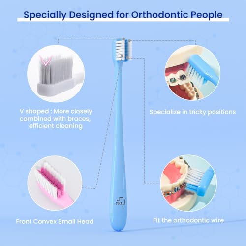 Y-Kelin V-Shaped Orthodontic Toothbrush for Braces Brackets 4 Count (Pack of 1) Soft Bristle with Inter Dental Brush