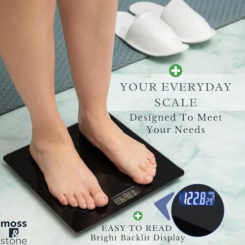 Moss & Stone Black Digital Bathroom Scale for Body Weight, Smart Step-On Technology, Backlit LCD Display, High Accuracy We...