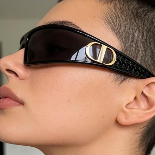 Shield Wrap Sunglasses, Black Frame, Dark Tinted Lens, Sport Style with Gold Logo Accent