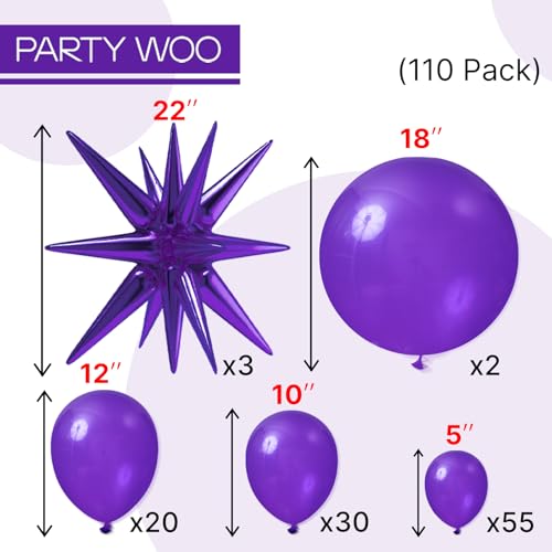 PartyWoo Dark Purple Star Balloons 110pcs Different Sizes 18 12 10 5 Inch Pack 22 Inch Purple Spike Star Explosion Foil My...