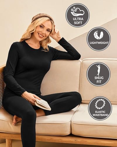 Ekouaer 3 Sets Thermal Underwear for Women Long Johns Long Sleeve Base Layer for Cold Weather S-XXL